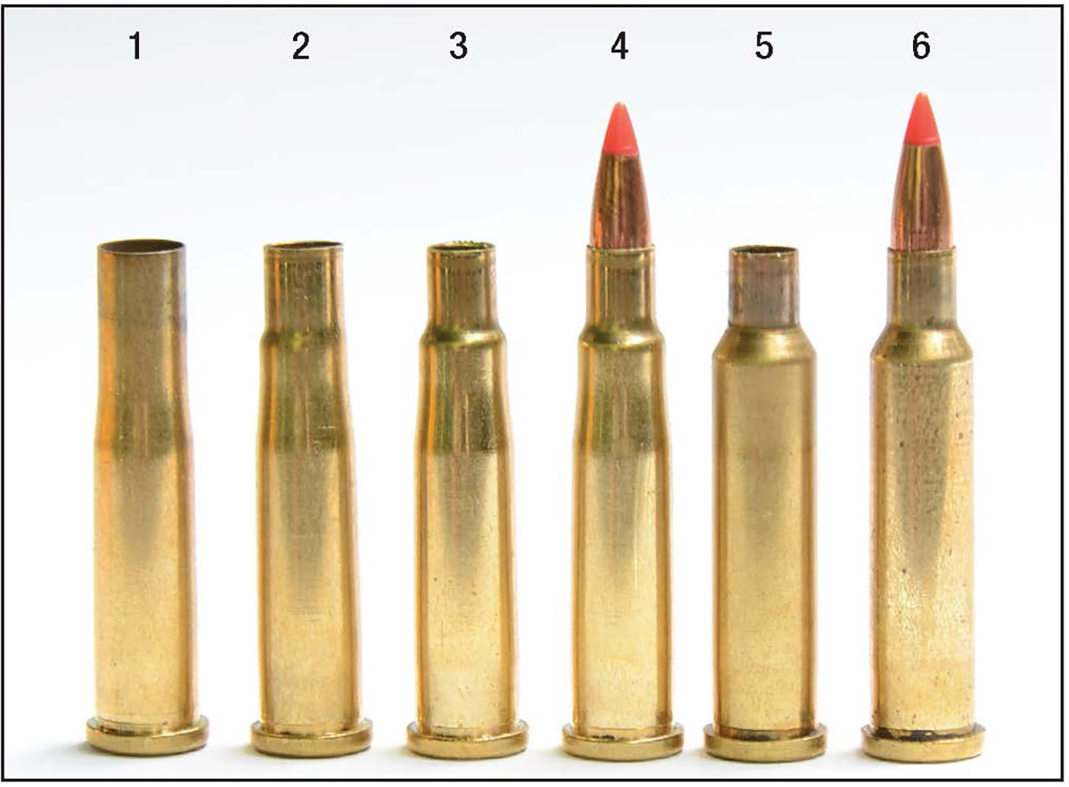 Case-forming steps for .17 Ackley Hornet from .22 Hornet brass include: (1) .22 Hornet case, (2) necked down to .20 caliber in a form die, (3) necked down to .17 caliber and trimmed in file-trim die, (4) loaded for fireforming, (5) a formed case and a (6) loaded .17 Ackley Hornet round.